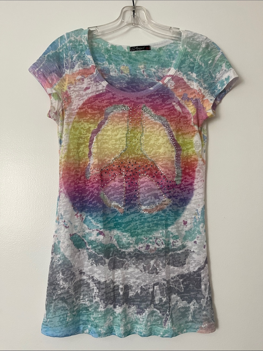 Angel Dear Multicolor Tie-Dye Rhinestone Peace Sign Short Sleeve Tee